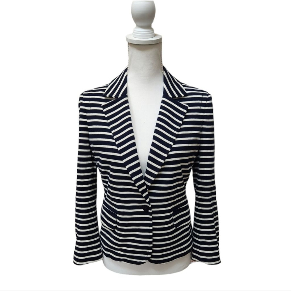 Tory Burch Navy Blue and Off White Striped Cotton Knit Blazer, Size Medium